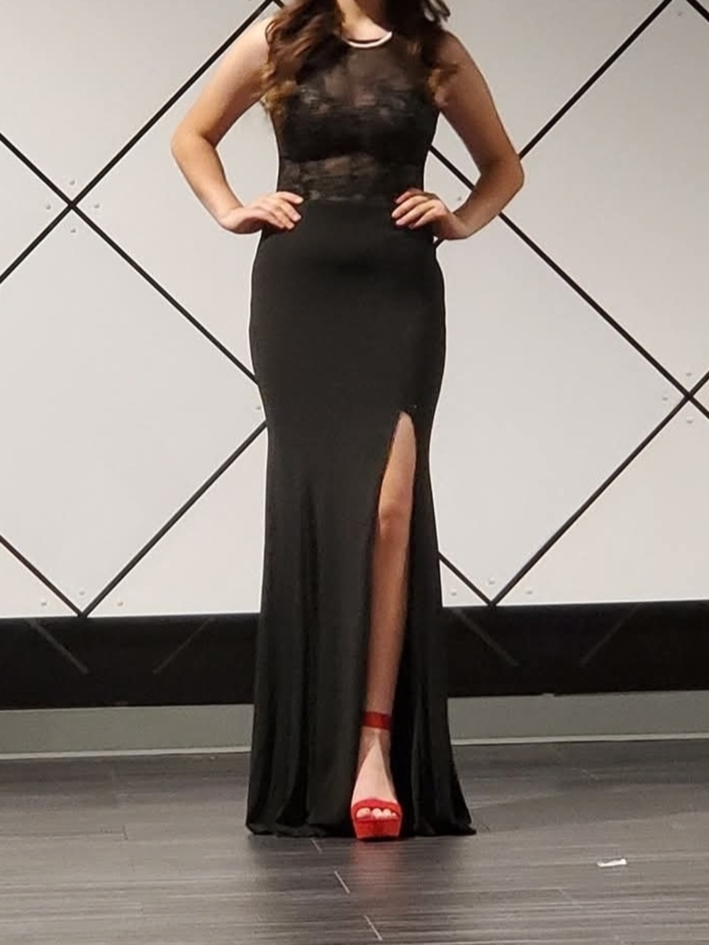 Black Lace Bodice Evening Gown with High Slit
